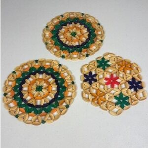 Vintage Beaded Wood Trivet Set 3pc Multicolor Geometric Round Hexagon Boho Retro